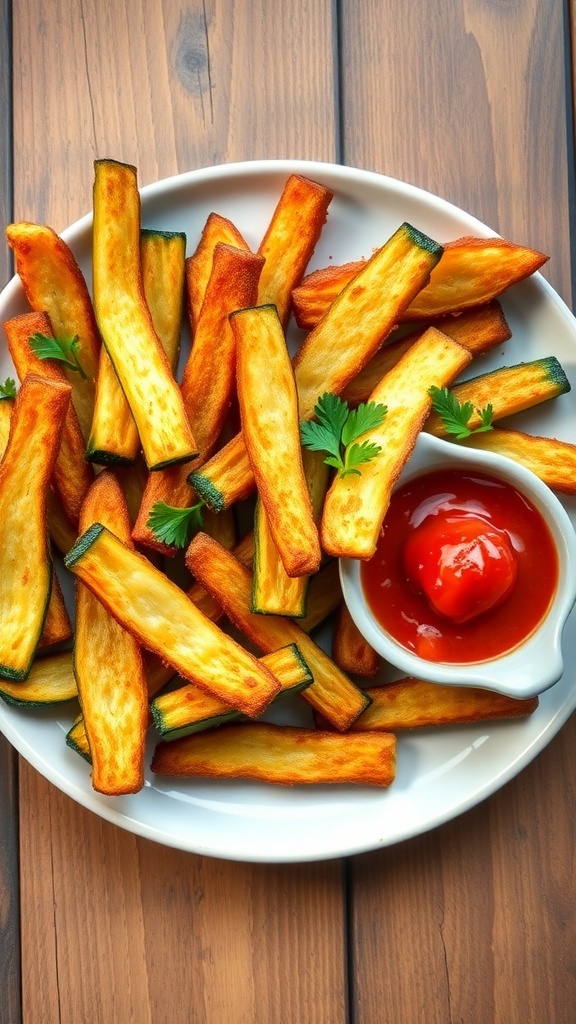 Crispy Vegan Zucchini Fries in Air Fryer Crispy vegan zucchini fries served with marinara sauce on a rustic wooden table.